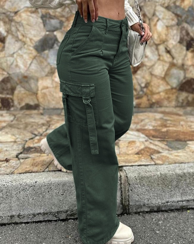 Women Straight Leg Cargo Pants High Waist Pockets Casual Baggy Pants Y2K Denim Drawstring Streetwear Stretch Joggers Trousers