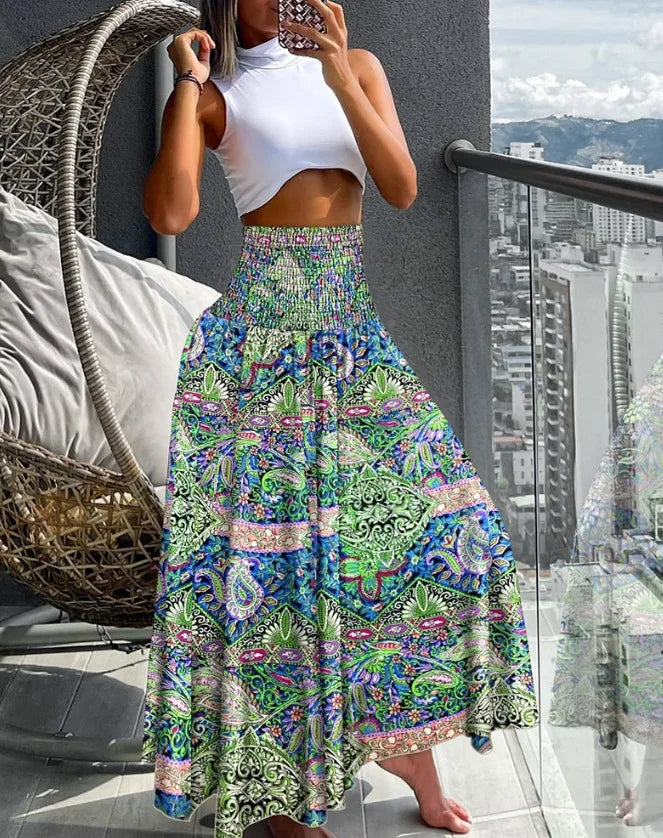 Women Fashion Bandanna Paisley Big Swing High Waist Maxi Skirt Streetwear 2024 Boho Vintage Casual Long Skirts Light Green