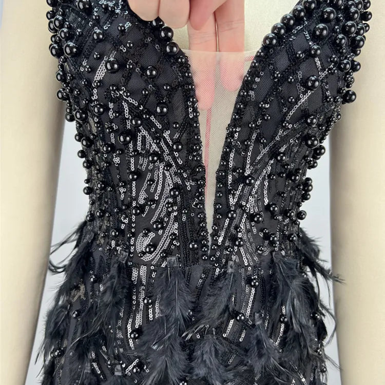 Sexy Sleeveless Backless Feather Black Pearl Sequins Mini Women Celebrity Dress 2024 Elegant Party Evening Club Vestido
