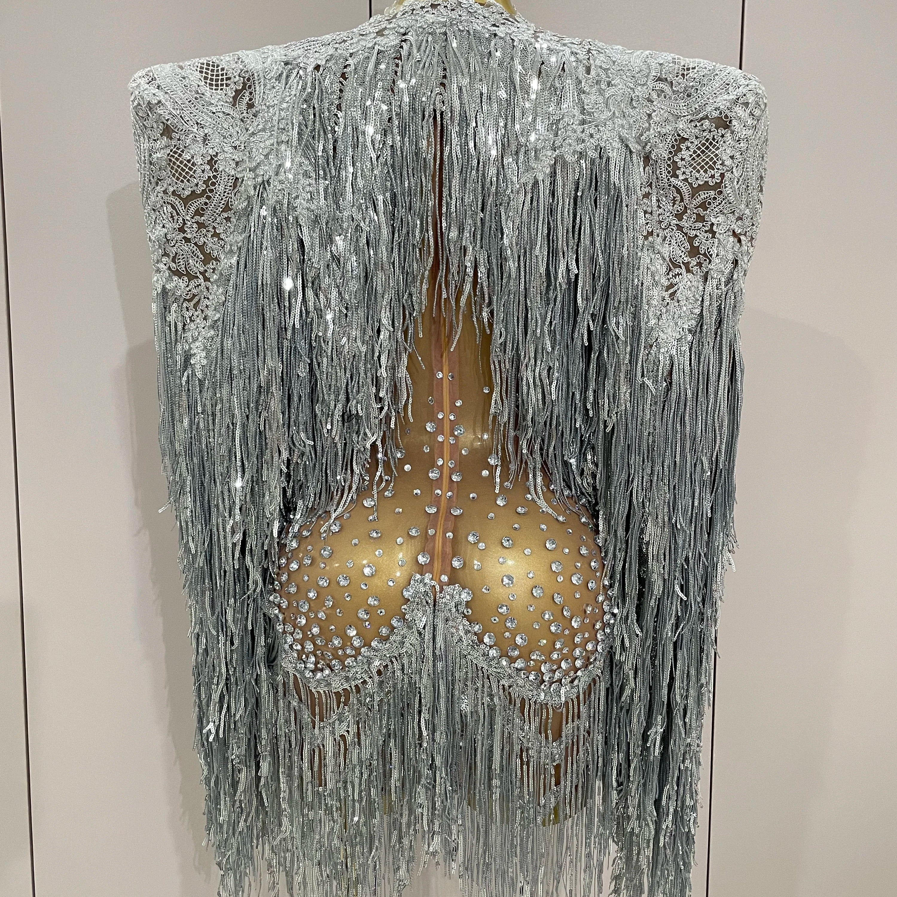 Luxury Sparkly Rhinestone Sequin Tassel Coat Skirt 2Pcs Women Birthday Party Nightclub Stage Performance Costume