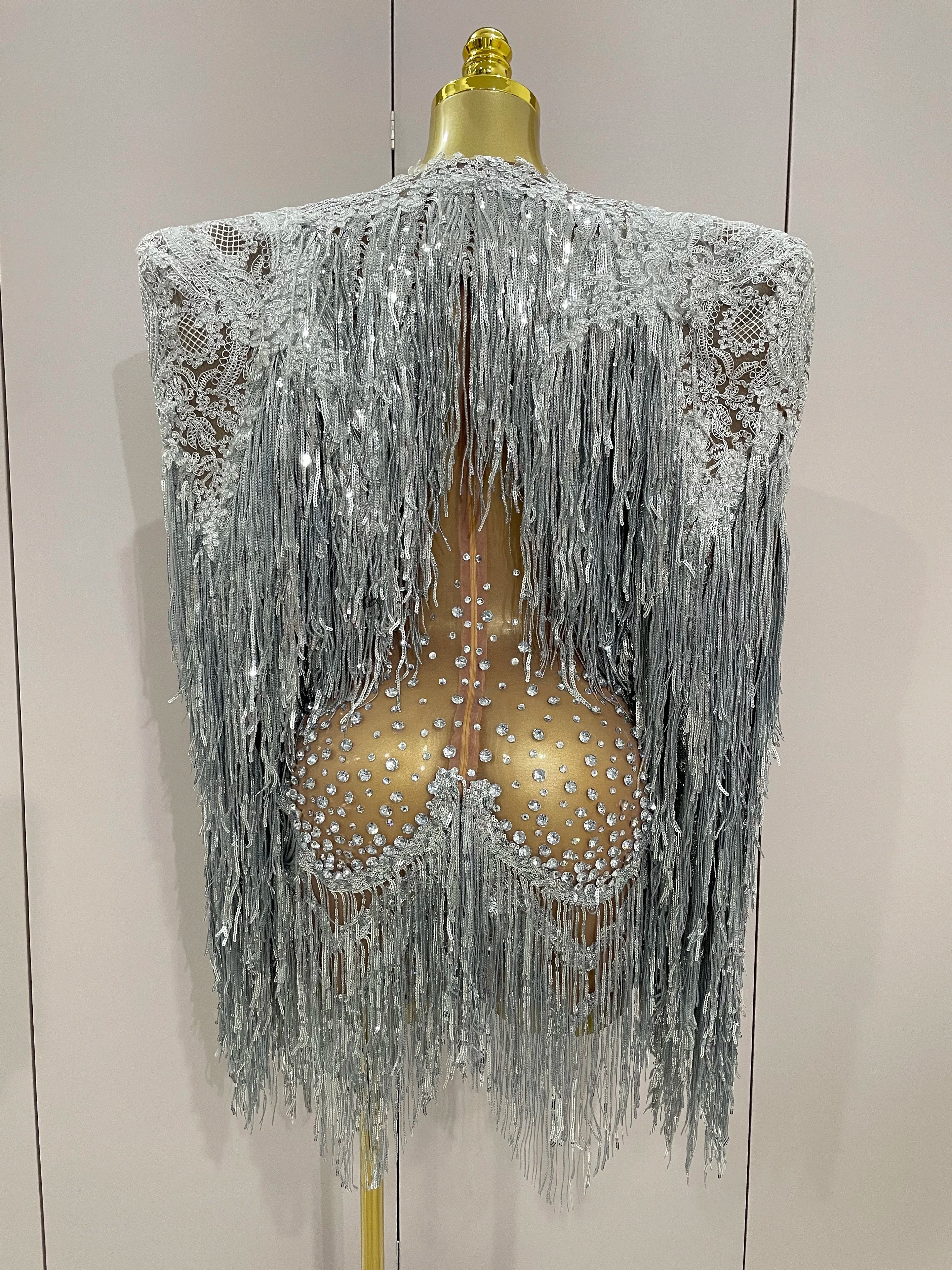 Luxury Sparkly Rhinestone Sequin Tassel Coat Skirt 2Pcs Women Birthday Party Nightclub Stage Performance Costume