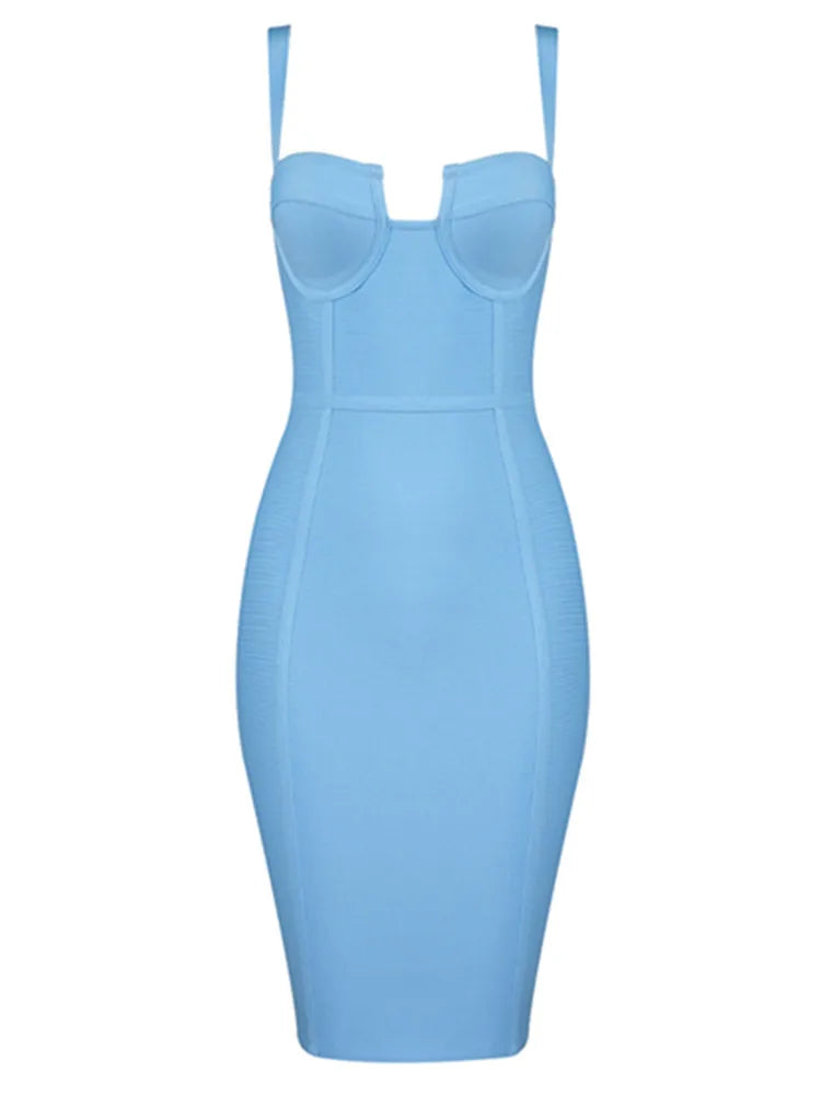 9 Colors Ladies Sexy Blue Yellow Black Rayon Women Summer Bandage Dress Celebrity Designer Fashion Party Dress Vestido Sky Blue