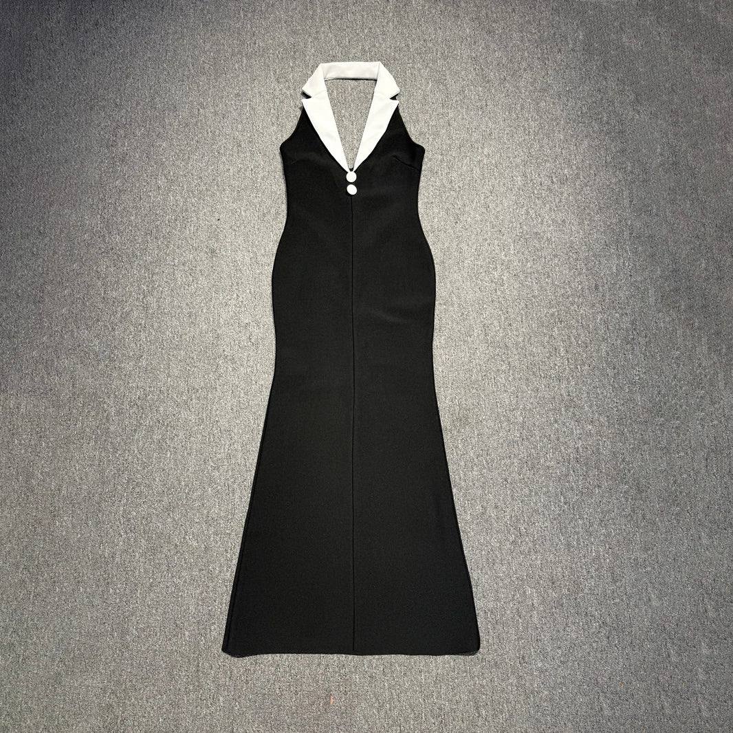 Stylish Black White Color Block Deep V-Neck Halter Sleeveless Long Dress Summer Date Daily Gown black