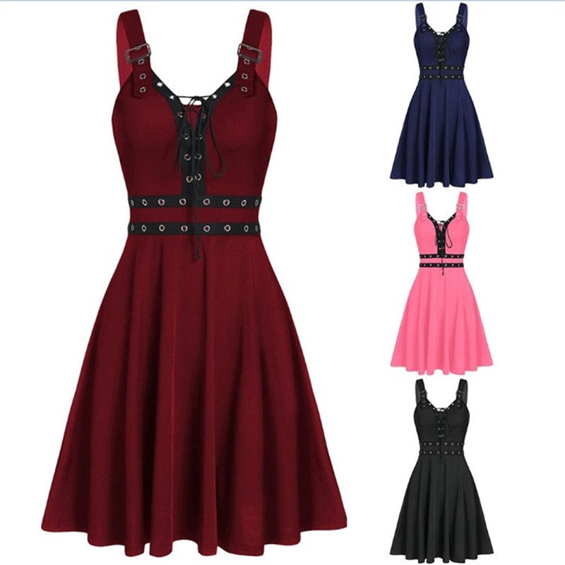 Femmes Mini robes gothique noir Sexy col en V profond automne Punk sans manches Rivet mode tunique Hip Hop pansement robe féminine