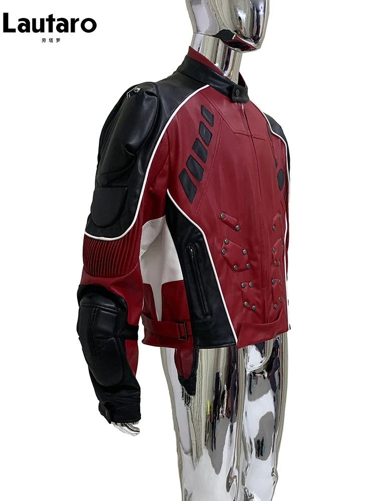 Mauroicardi Autumn Winter Cool Short Patchwork Pu Leather Racer Jacket Men Shoulder Pads Rivet Runway European Fashion Clothes