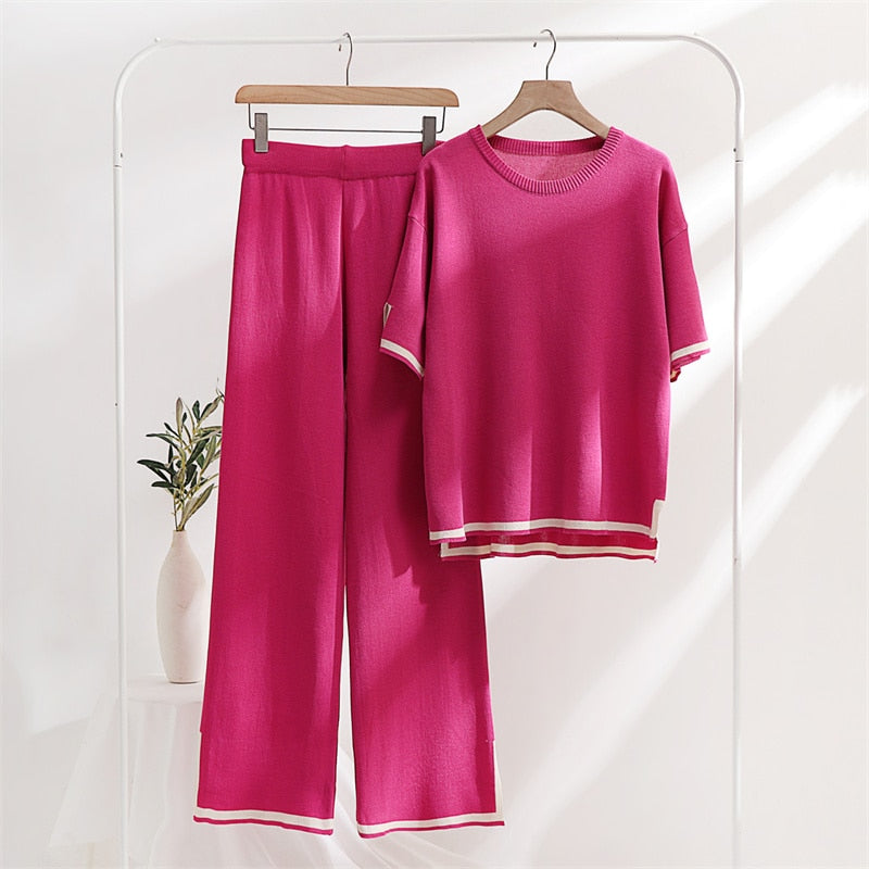 Two Piece Set Elegant Pants Sets Ice Knitted Summer Outfits For Women 2024 Short Sleeve Pajama Suit
