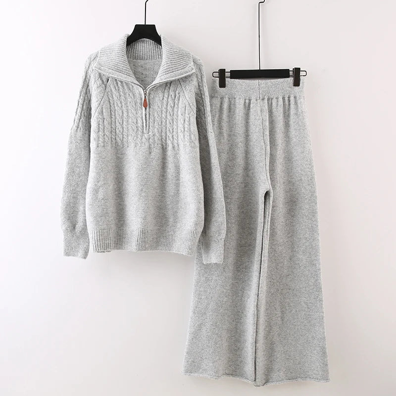 Autumn Winter New Half-Zip Stand Collar Knit Sweater Suit For Women Wide-Leg Pants Knitted Two-Piece Set 11A07540 Light Gray One Size