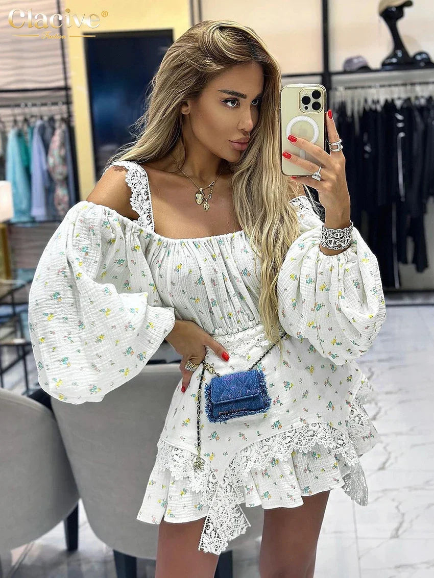Clacive Sexy Loose Print Women'S Dress Fashion Square Neck Puff Sleeve Mini Dress Elegant Lace Spliced Pleated Female Dress