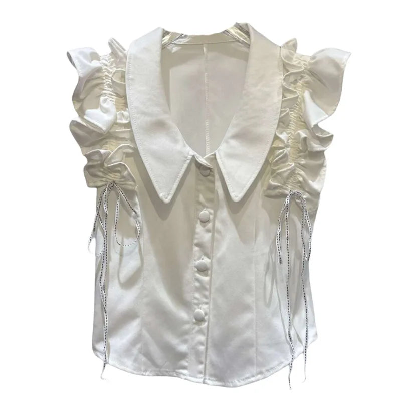 Spring New Sweet Temperament Ruffled Tie Sleeve Solid Color Tank Top For Women Versatile Single-breasted Vest 11A07933