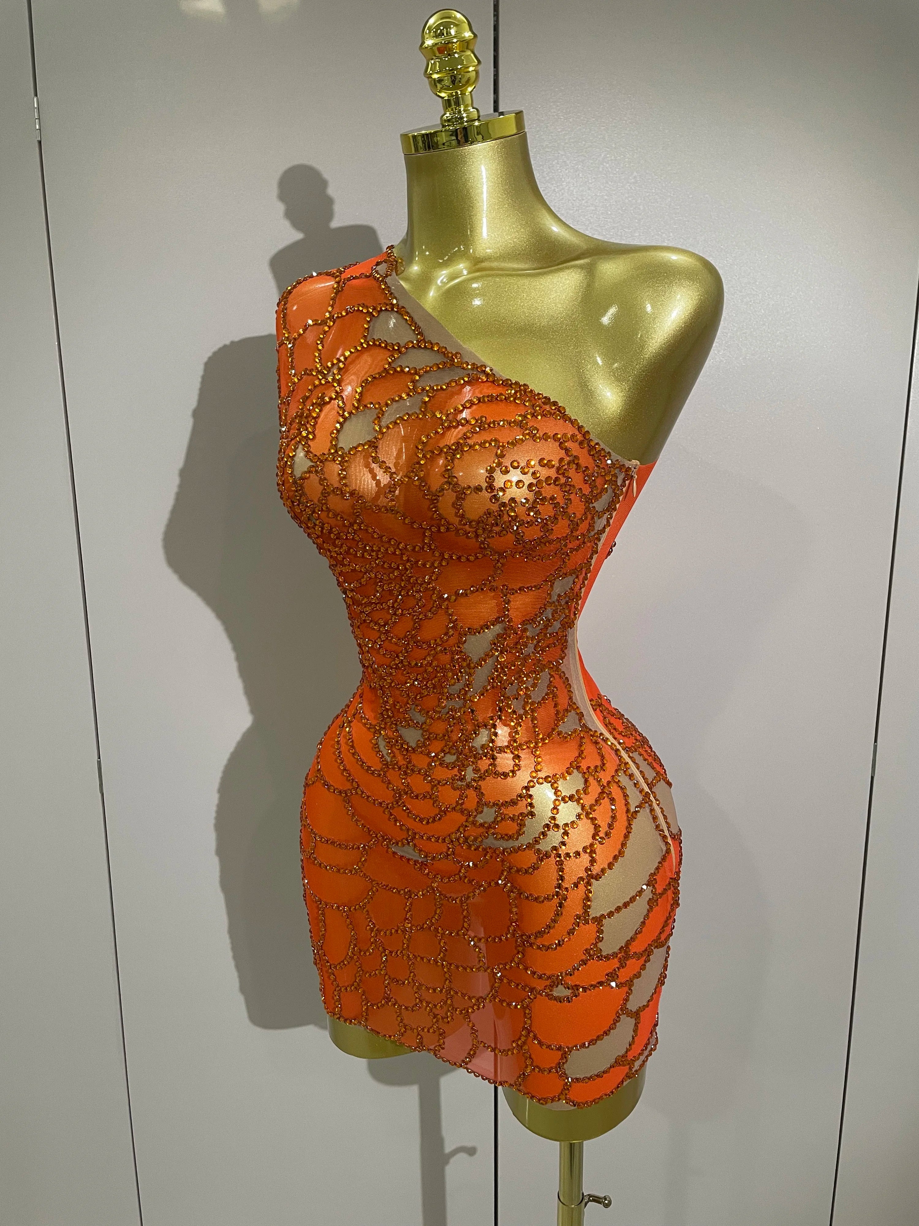 STOCK Women Shining Rhinestones Sexy One Shoulder Cultivation Dress Birthday Celebrate Party Evening Gown Singer Stage Costume