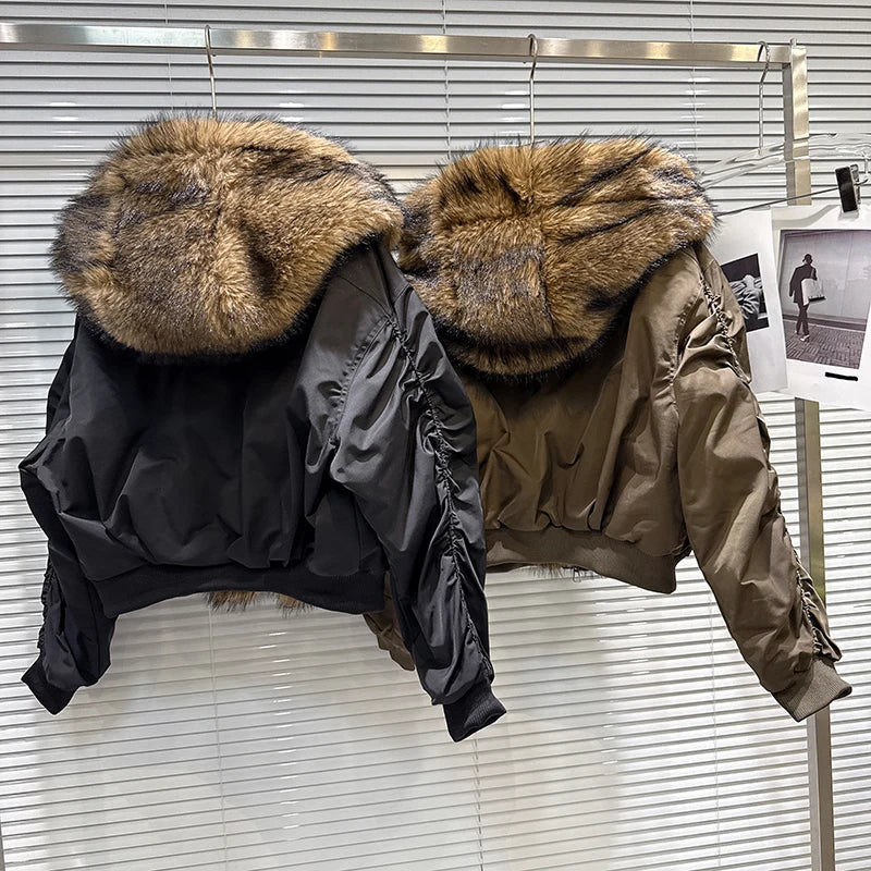 Winter New Fashion Furry Patchwork Motorcycle Cotton-padded Jacket For Women Hooded Zipper Warm Coat Female 11A07604