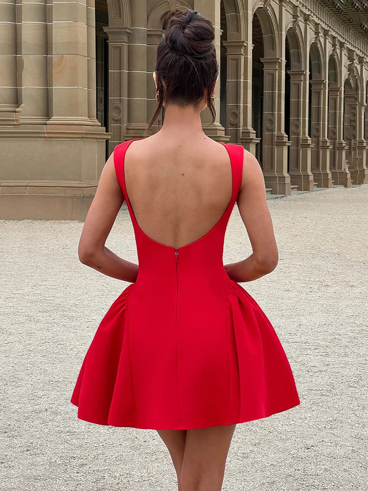 Backless High Waist A-line Sexy Mini Dress For Women Robe Fashion Solid O Neck Bodycon Club Party Sexy Dress Elegant