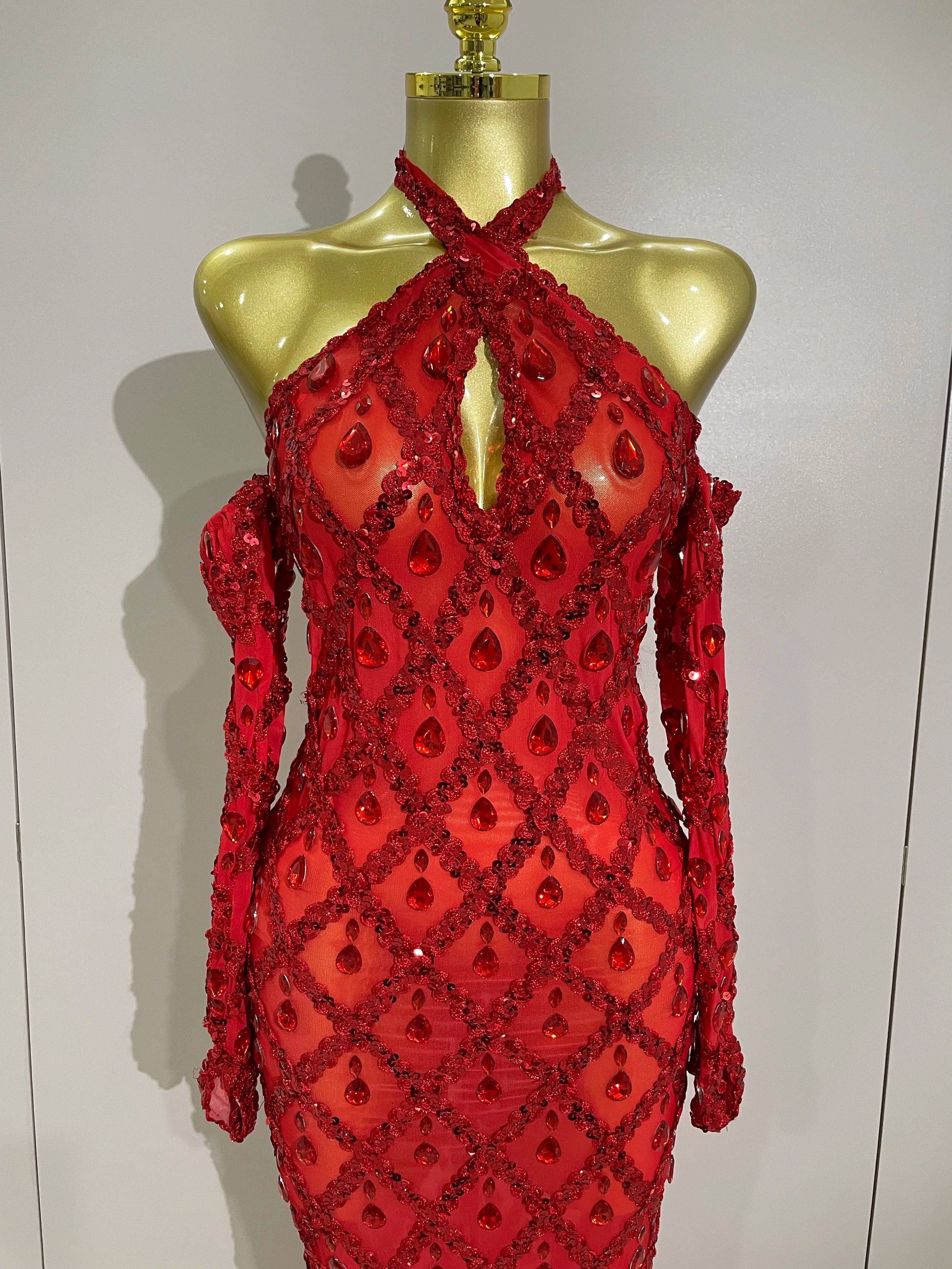 Sexy Sparkly Rhinestones Halter Mesh Long Dress With Gloves 2025 Women Celebrate Evening Wedding Prom Birthday Dress Shoot Wear