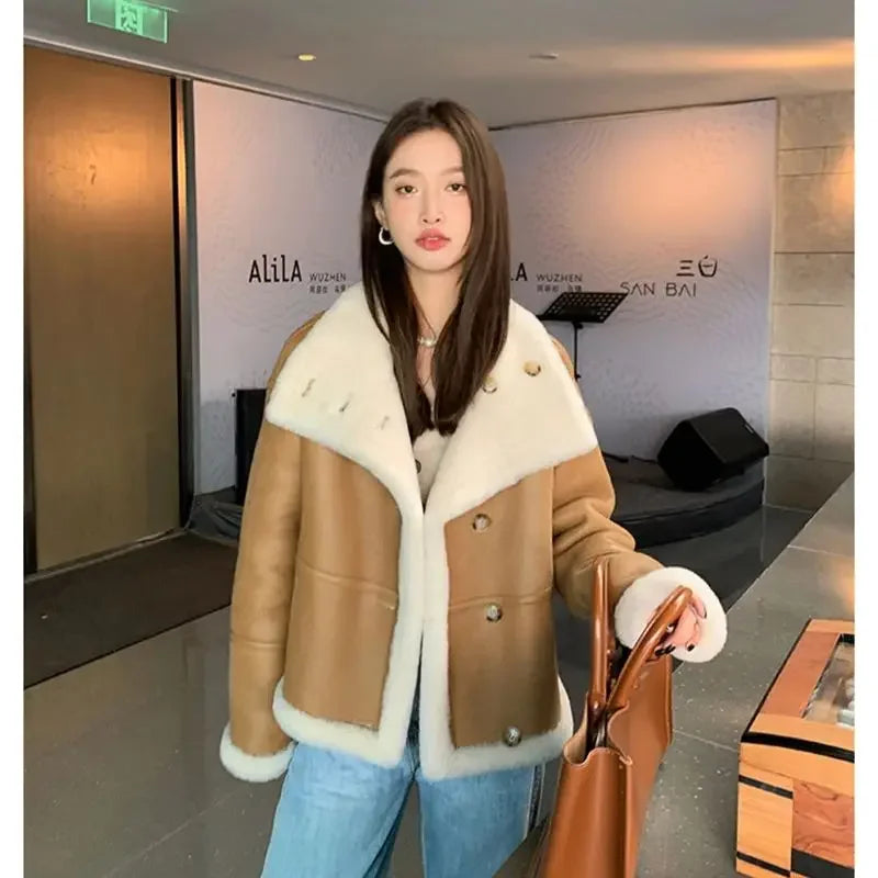Lady Fashion Wool Jackets Women Fashion Real Wool Lamb Fur Coat Winter Jacket LSBH69