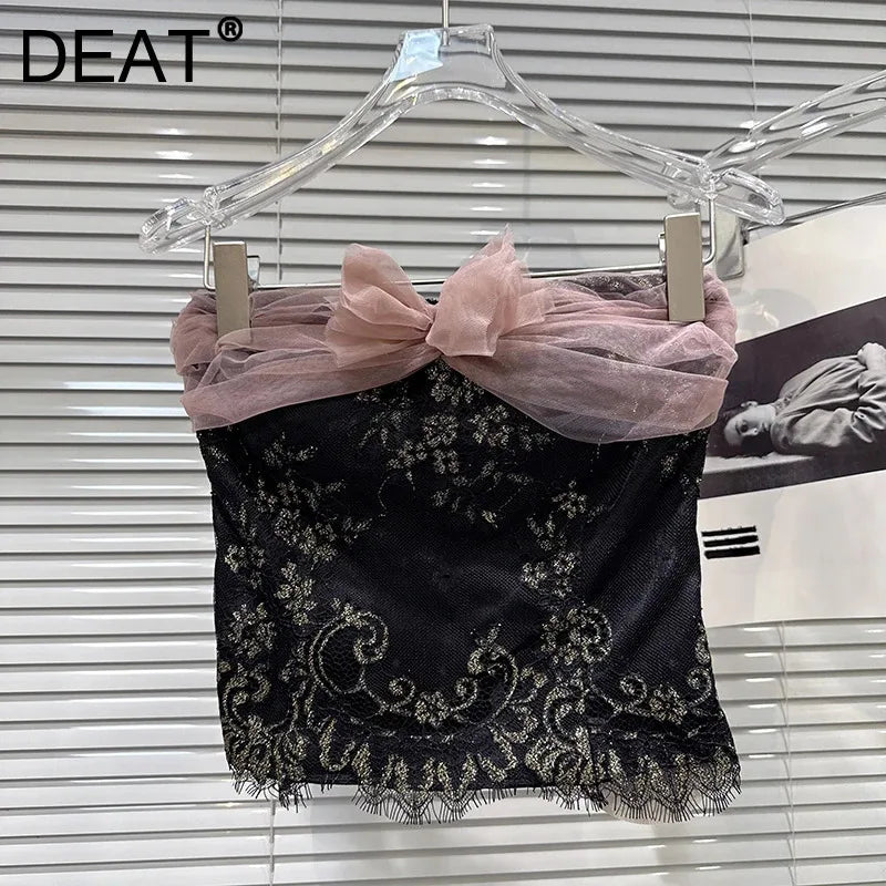 Winter New Fashion Chiffon Bowknot Patchwork Design Fishbone Strapless Vest For Women Backless Tank Tops 11A07939