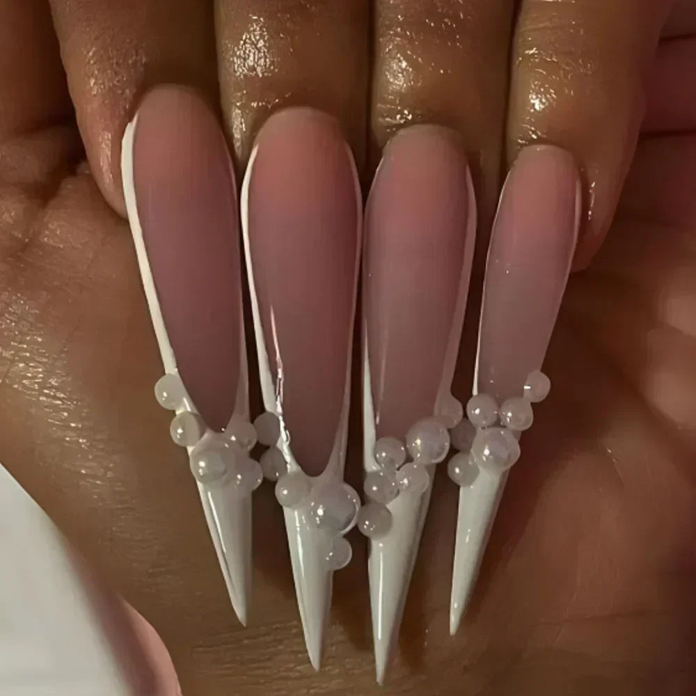 24Pc Long Stiletto Press on Nails Cherry Pink French False Nails with 3D Bow Pearls Design Detachable Acrylic Fake Nail Art Tips 8
