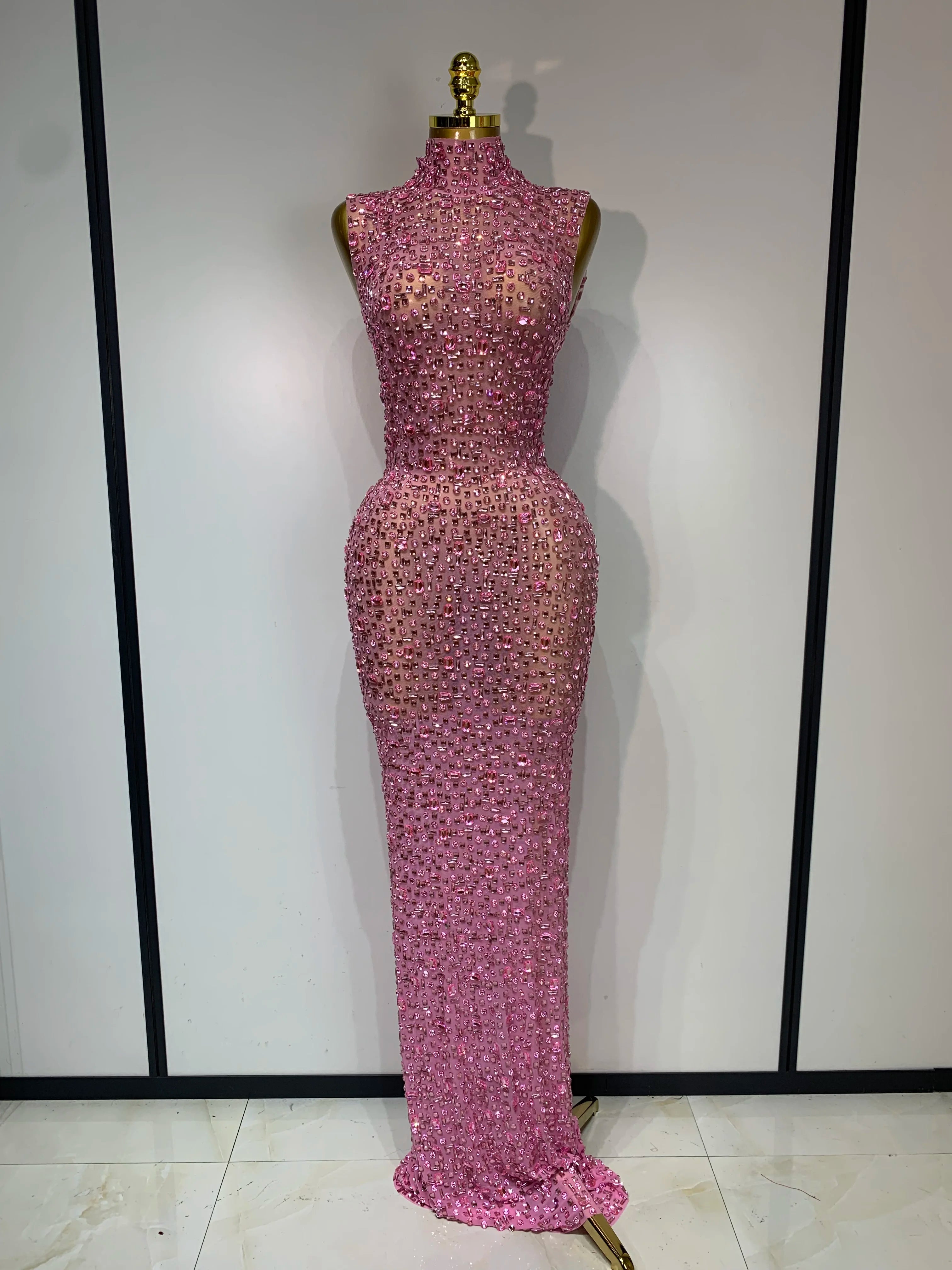 Sparkly Rhinestone Sleeveless Stretch Long Dress Women Sexy Mesh Celebrate Evening Prom Luxury Birthday Dress Evening Party Wear Pink