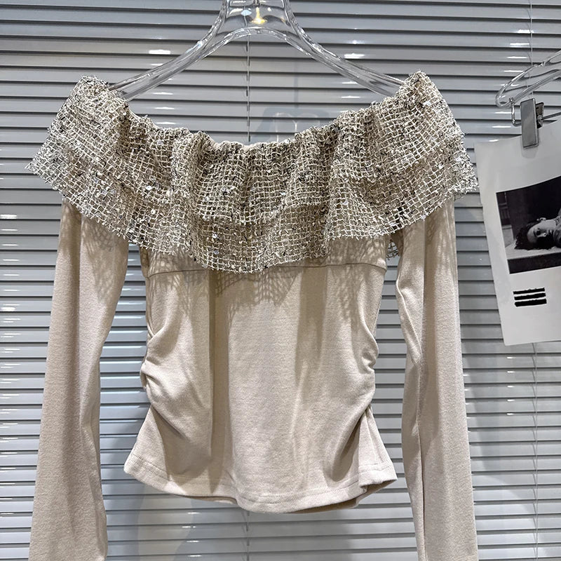 Winter New Fashion Sequin Hollow Layered Collar Long Sleeve T-Shirt For Women Slim Fit Off-shoulder Tops 11A07713