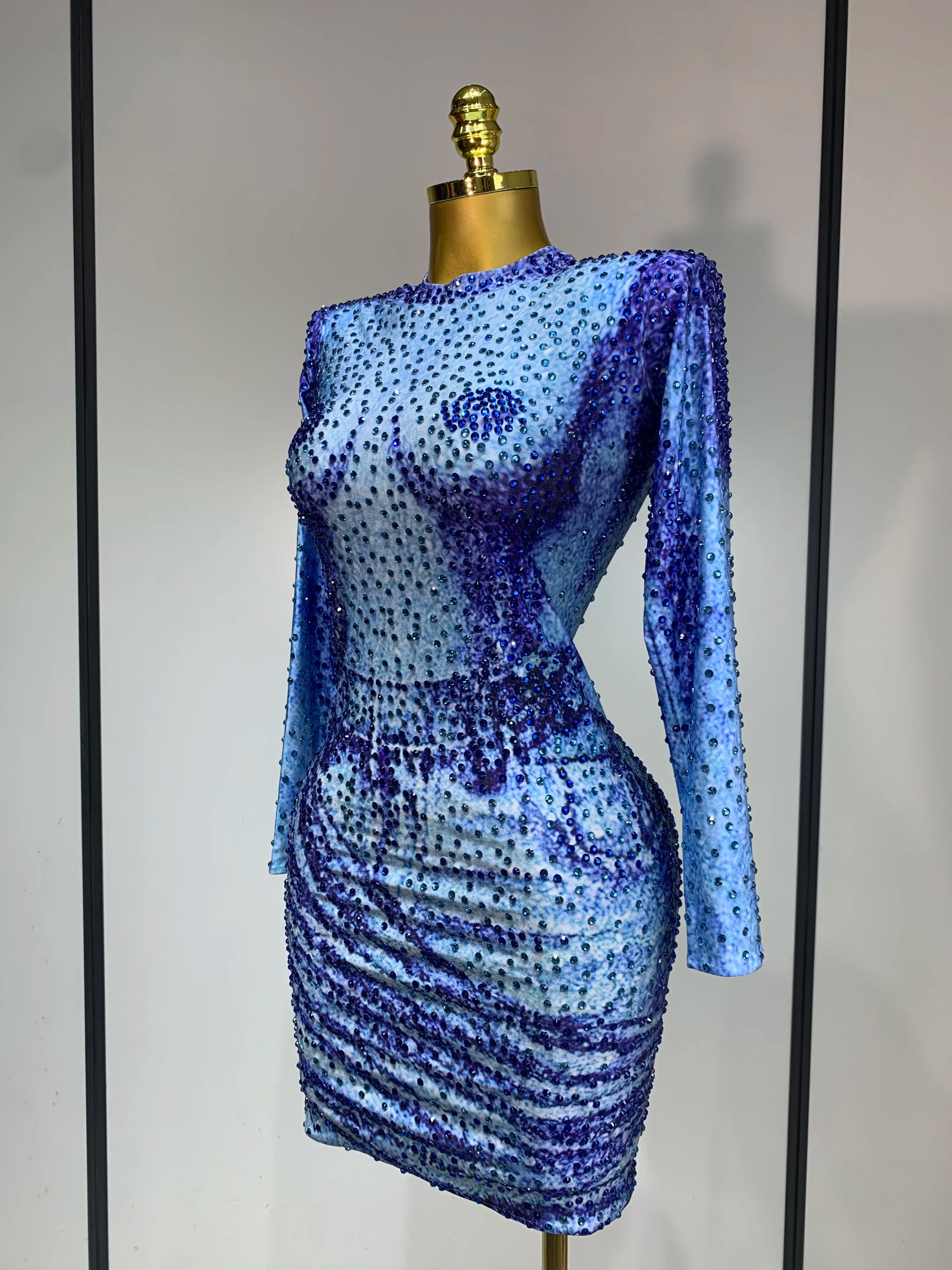 Ladies Sexy Sparkly Rhinestones Blue Long Sleeve Short Dress Women Evening Luxury Birthday Party Nightclub Singer Stage Outfit
