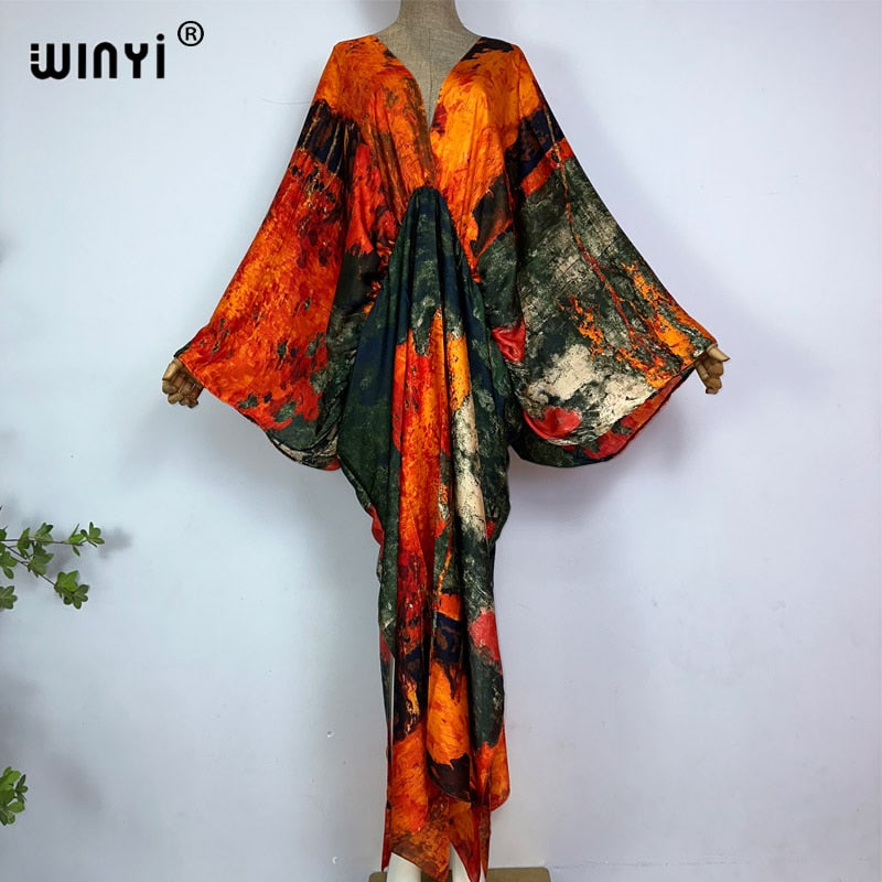Sexy bech high-quality hand-rolled feel silk rayon fashion print 2024 WINYI Maxi Women's robes long beach V-neck Bohemian dress 10 One Size