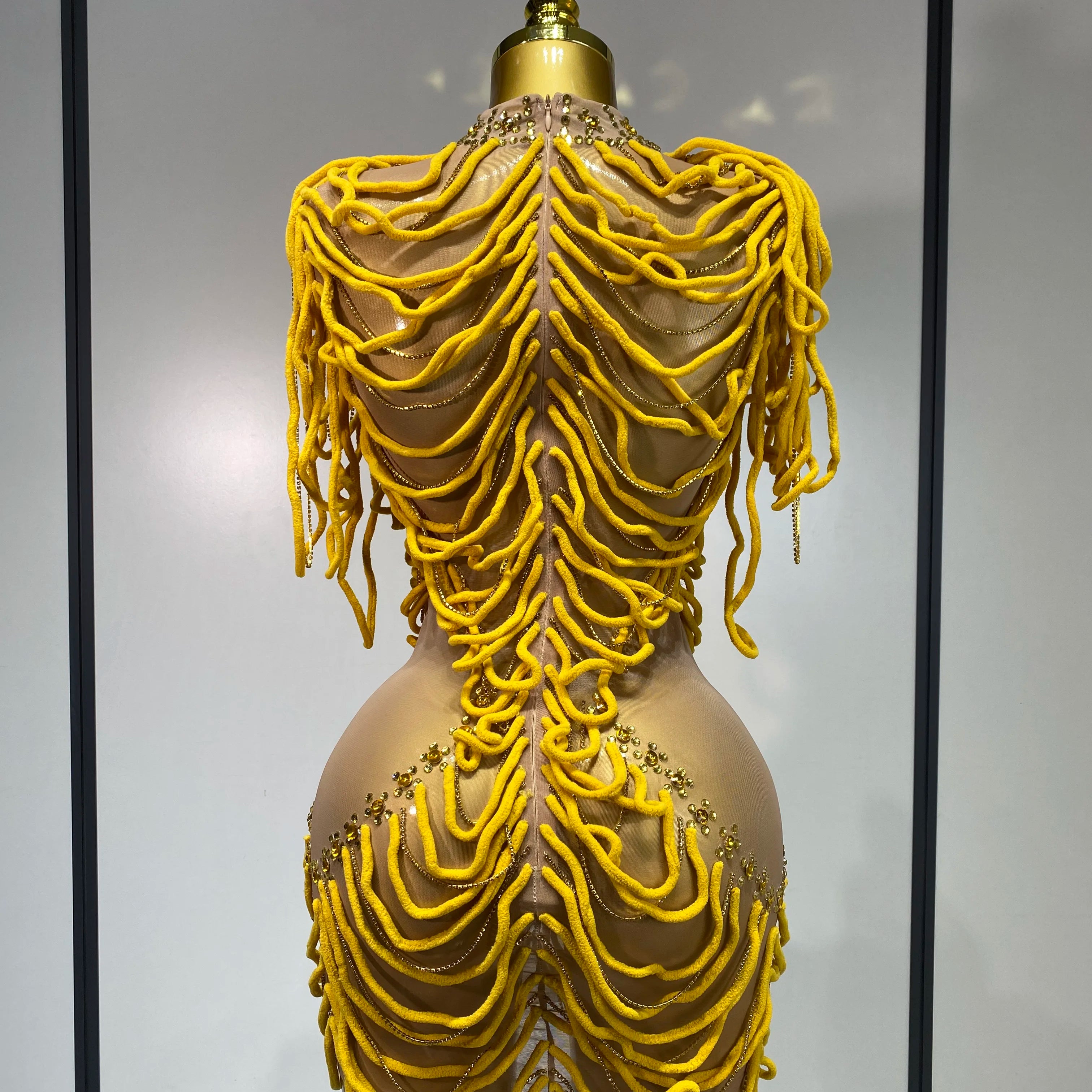 Women Sexy Mesh See Through Designer Rhinestones Chain Stage Performance Costume Nightclub Celebrate Party Luxury Birthday Dress