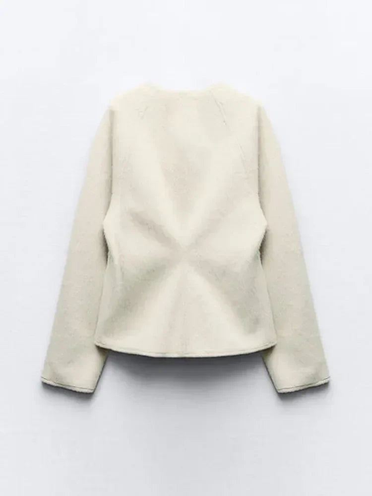 Vintage Leather Buckle Woolen Coat For Women Fashion V Neck Long Sleeve Cropped Jacket Spring Female High Street Outerwear