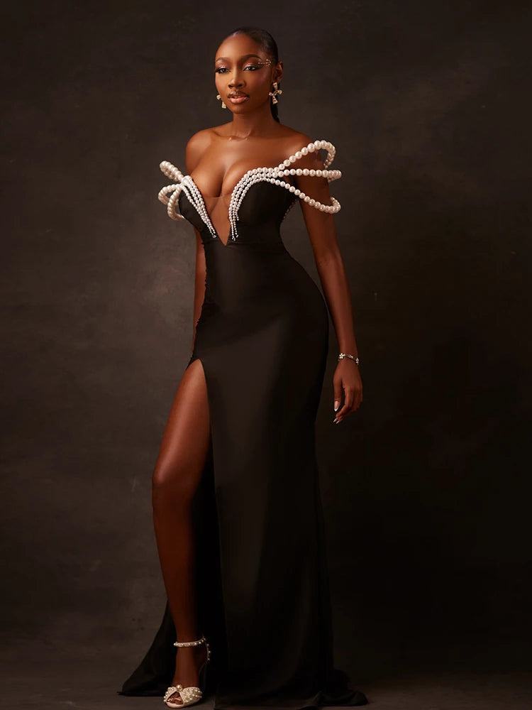 Chic Off-Shoulder Black Maxi Dress with Pearl Cut out High Slit Design for Gala Party Glamorous Gown