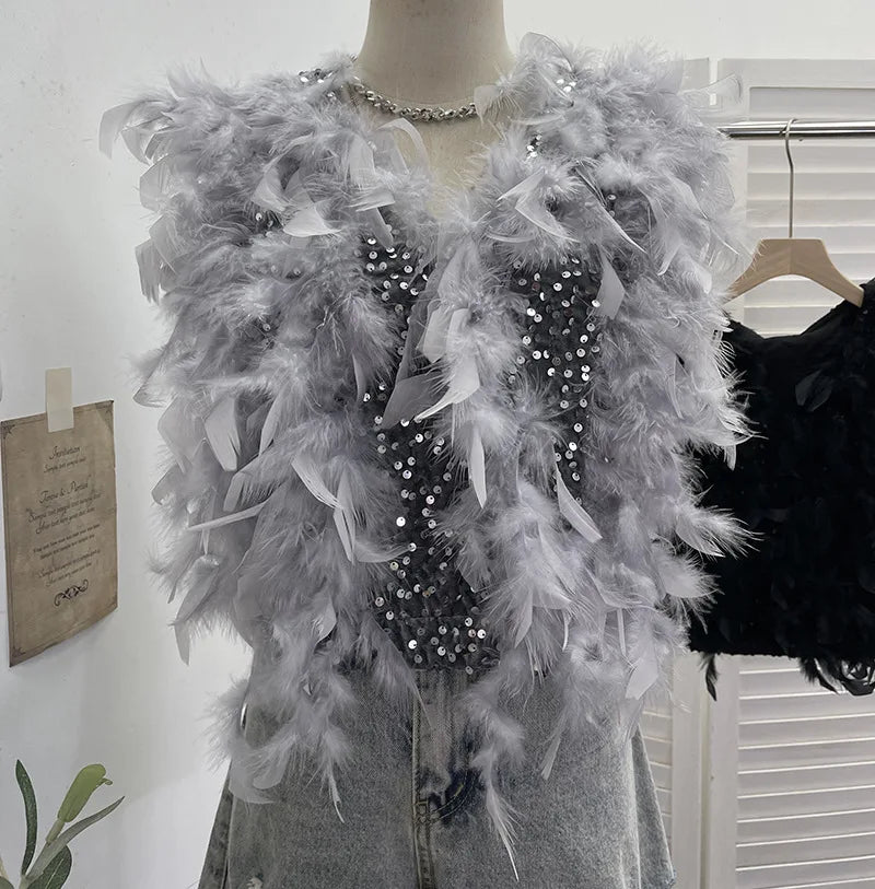 Autumn Winter New Fashion Design Heavy Industry Feather Shiny Sequin Patchwork Velvet Vest Women's Short Top 11A07916 Silver One Size