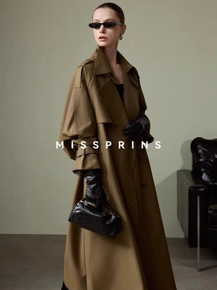 Lautaro Spring Autumn Long Khaki Trench Coat for Women Belt Double Breasted Chic Luxury Designer European Fashion Clothes 2025