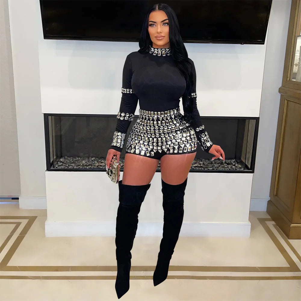 Women Diamonds Hot Rhinestones Long Sleeve Short Jumpsuits 2024 Summer Sexy Party Club One Piece Suit Rompers Playsuits White