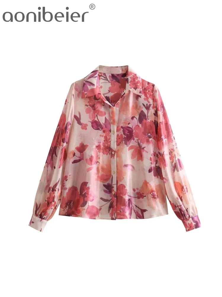 Aonibeier Summer Women Printed Suits Traf Wrist Sleeve V Neck Casual Shirt Female Pleated Maxi Long Skirt Sets Y2K Street