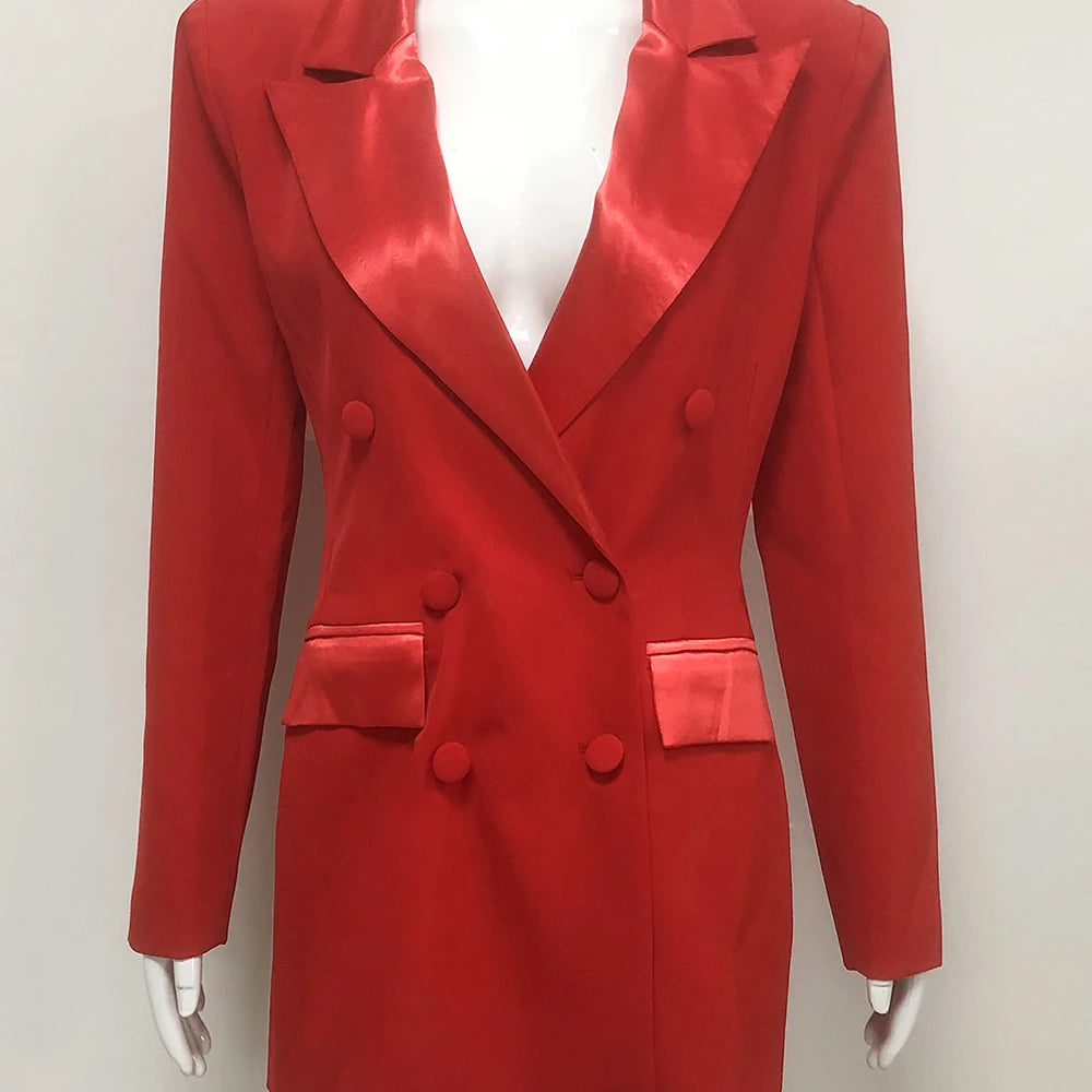 Modphy Women Fashion Double Breasted Red Blazer Coat Notched Neck Long Sleeves Female Outerwear Chic Lady Outfits