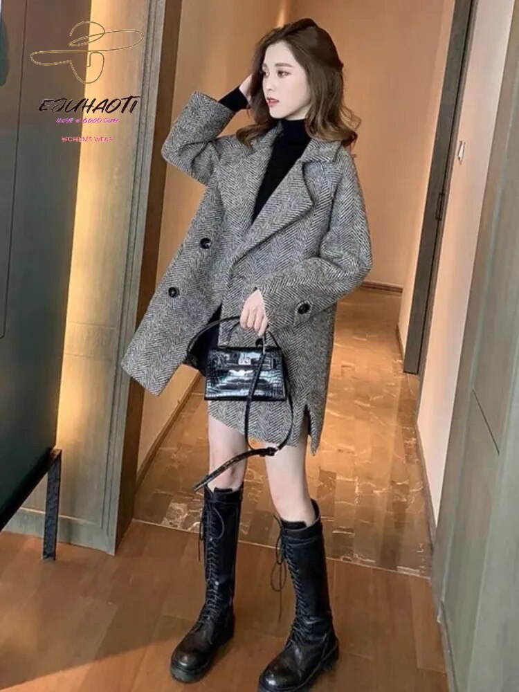 Woolen Cloth Women's Coat 2024 Autumn Winter Korean British Style Retro Thicken Mid Length Version Woman Clothing