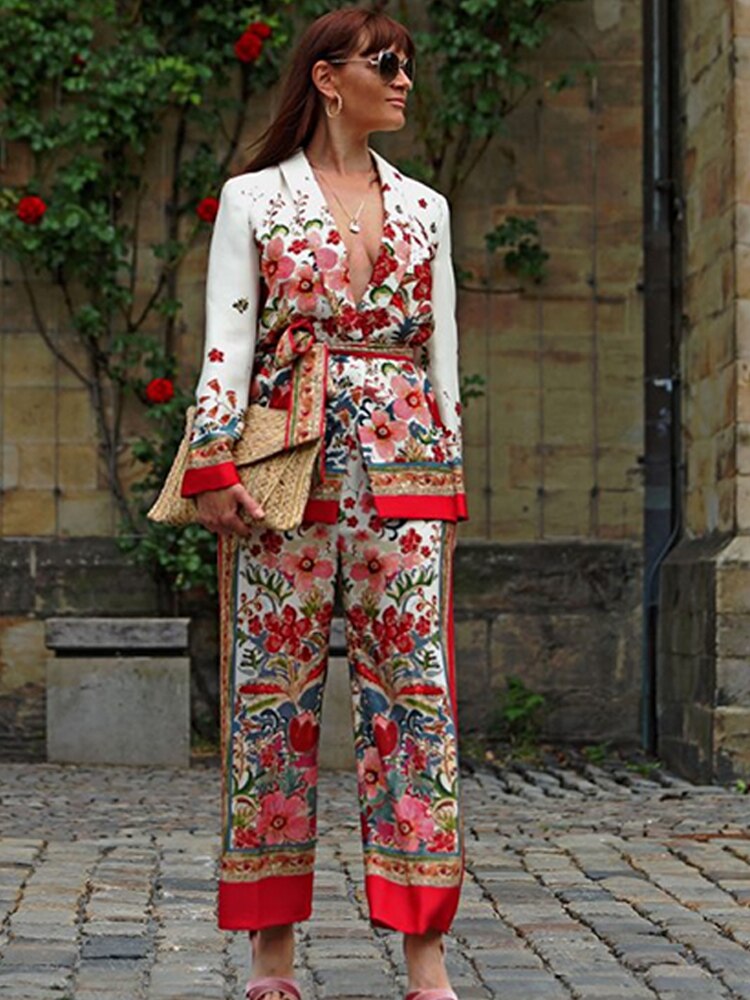 Retro Flower Printed Blazer Suits For Women Spring OL Casual Long Sleeve Jacket Wide-Leg Pants Female Trendy 2 Piece Sets Outfit