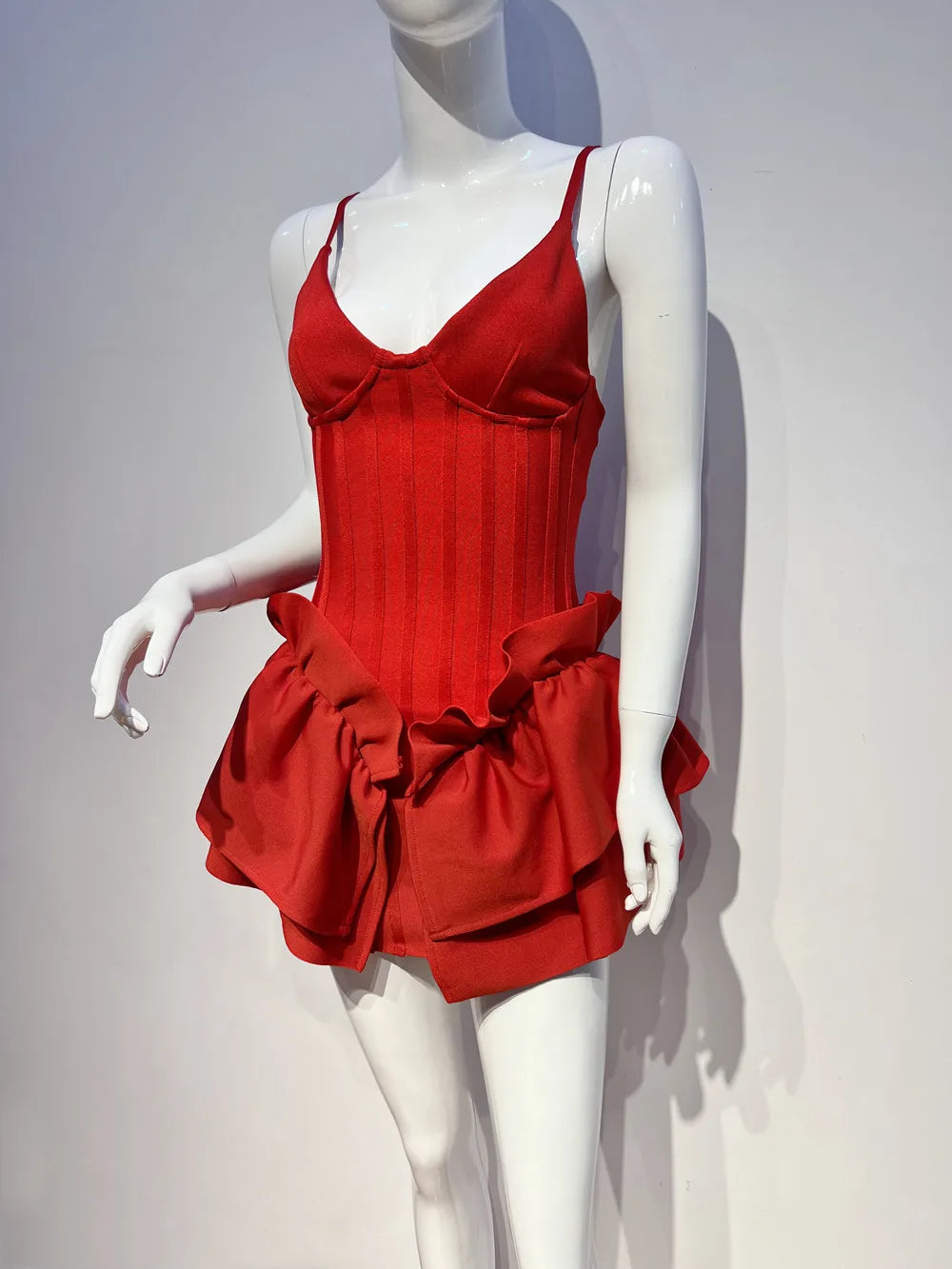 Red Color Women Sexy Sleeveless V-Neck Bodycon Mini Bandage Dress Ruffles Fashion Celebrate Nightclub Party Birthday Dress