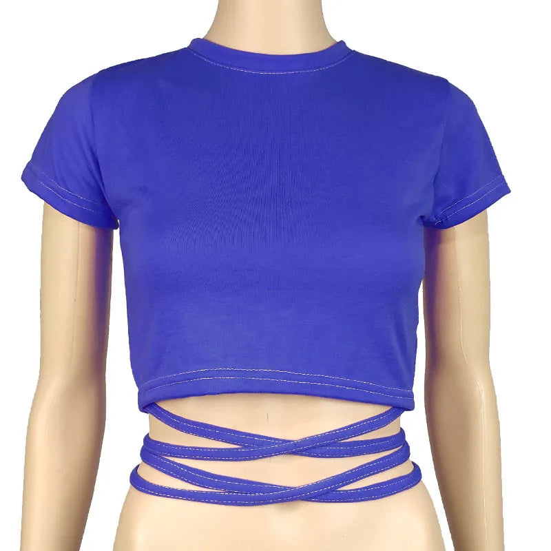 13 Colors Women Lace Up Cropped T-shirts Summer Lady O-Neck Short Sleeve Slim Bandage Tee Tops GXJCK-2180 Sapphire Blue