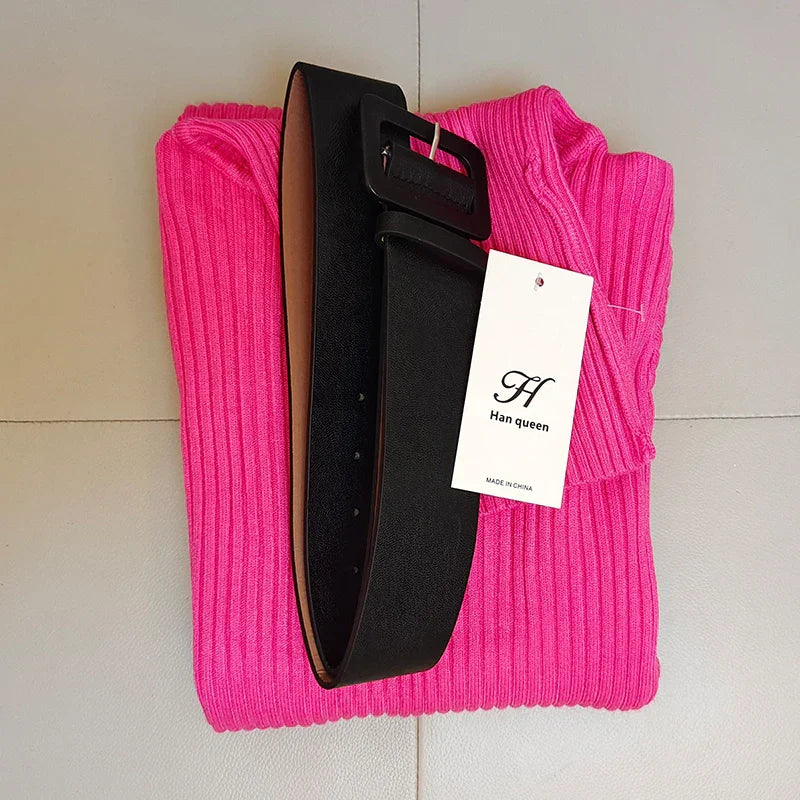 H Han Queen Knitted Turtleneck Sweater Bodycon Dress Bottoming Women Soft Elastic Autumn Winter Midi Party Dresses With Belt rose One Size