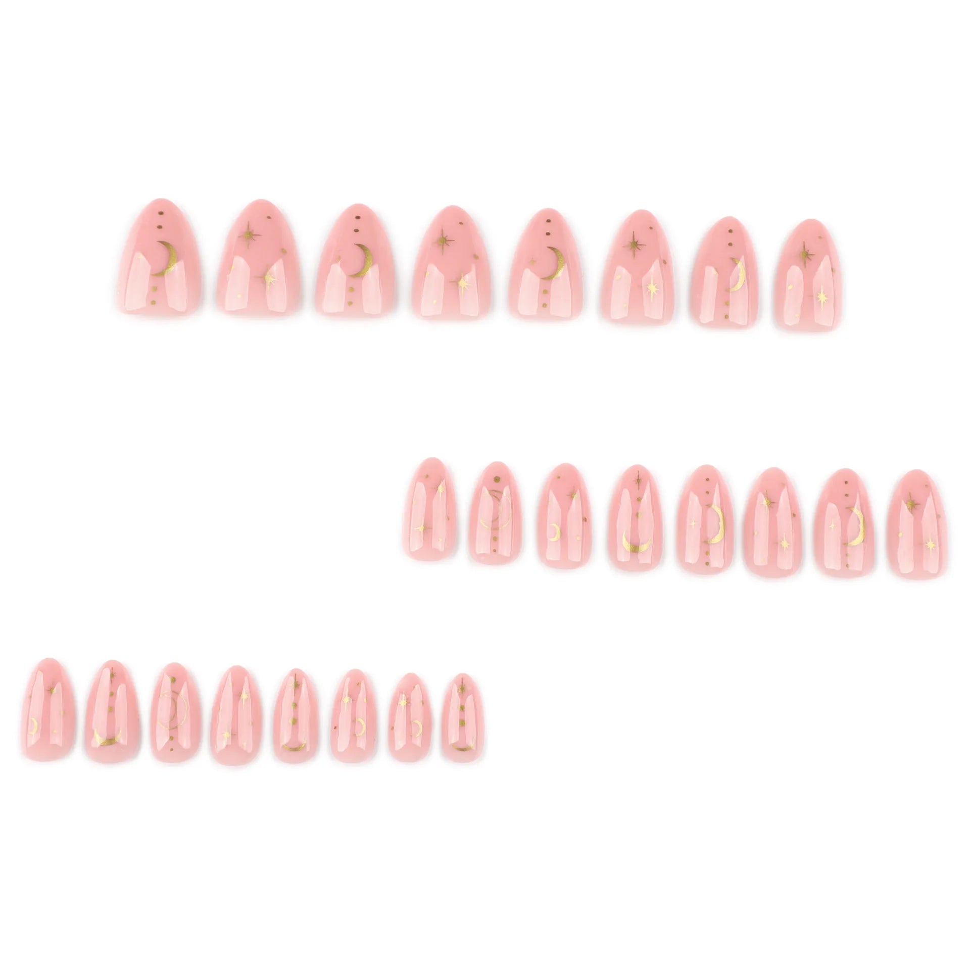 24pcs Star Moon Print False Nails Sweet Pink Short Almond Fake Nails Tips Wearable Detachable Simple Nude Color Press on Nails