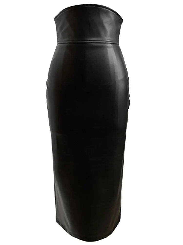 Lautaro Spring Midi Black Soft Pu Leather Pencil Skirt Women with Back Slit Belt High Waist Long Office Skirts Fashion 2022