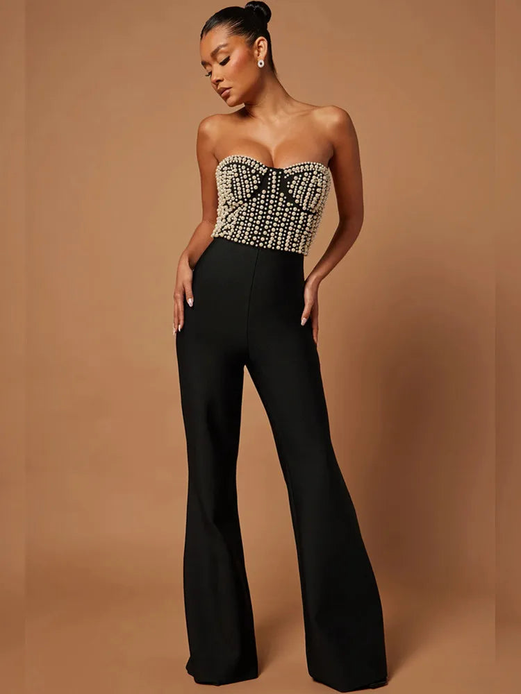 Celebrity Women Luxury Sexy Strapless Pearl Black Bodycon Bandage Jumpsuit 2025 Celebrity Designer High Street Rompers black