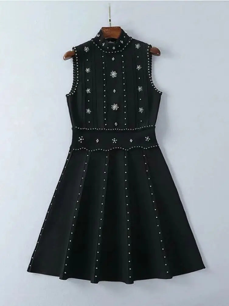 Ailigou New Summer Women's A-line Black Sleeveless Beaded Sexy Elastic Knitted Mini Dress Elegant Celebrity Party Dress