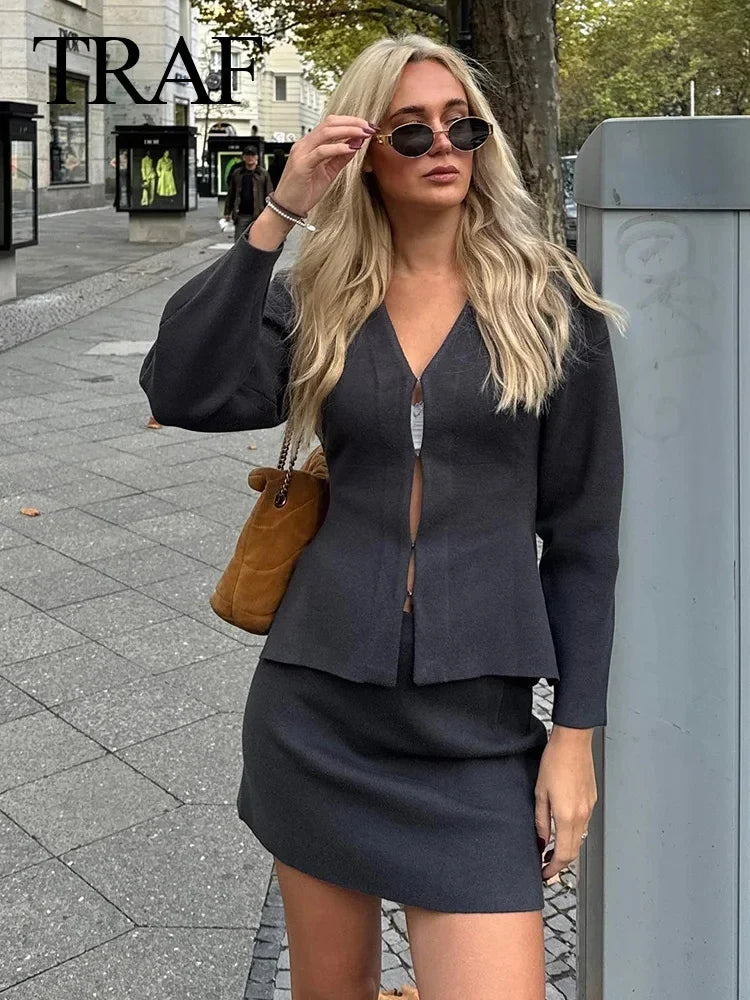 TRAF Spring Women's Suits Solid Grey V-Neck Long Sleeves Cardigan Coat +High Waist Knitted Mini Skirts Female 2 Pieces Sets