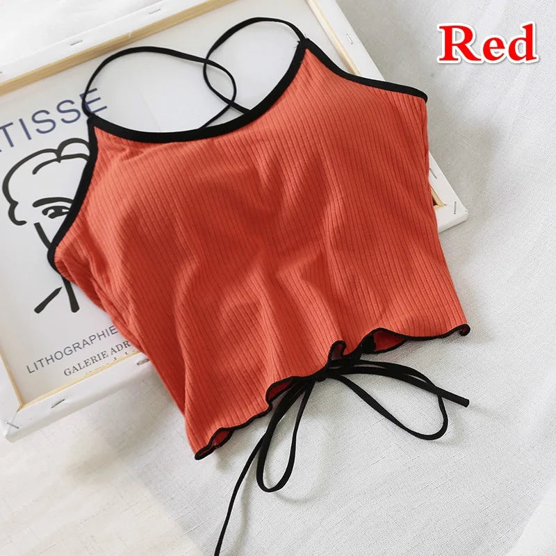 2023 Summer New Slim Fit Open Back Sexy Chest Cushion Strap Women Crop Tops Sexy Solid Color Camisole Women Clothing