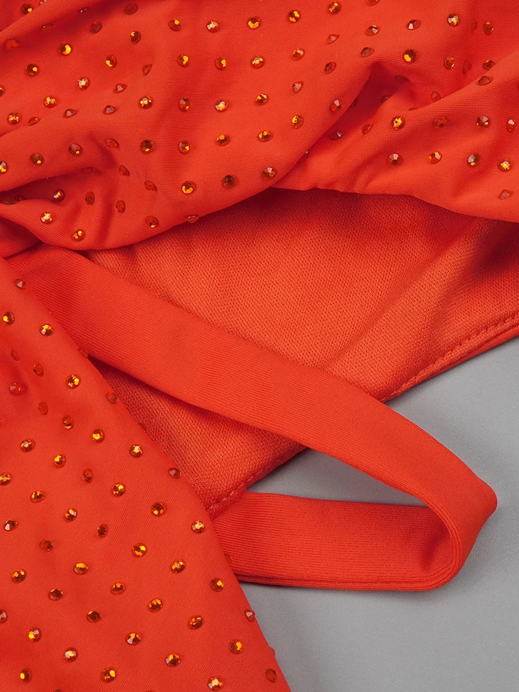 Orange Halter Sleeveless Cut Out Log Dress Diamonds Maxi Bodycon Elegant Party Evening Stage Performance Vestido