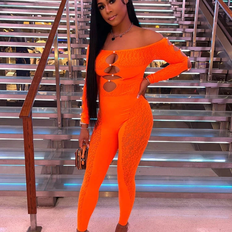 2025 Long Sleeve Sexy Leopard Lace See Through Women’s Jumpsuits Summer Slash Neck Night Club Party One Piece Outfits