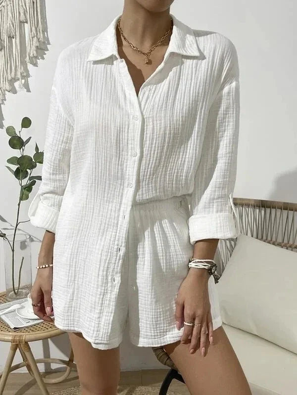 100% Cotton Gauze Muslin Sets For Women 2 Pieces Long Sleeve Shirts And Loose High Waist Mini Shorts Sets Ensemble Femme white