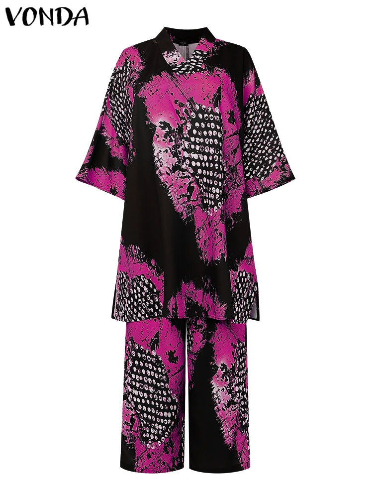 Plus Size 5XL VONDA Women Vintage Pant Sets Print Long Top and Wide Leg Pants Casual Loose 2pcs Two-piece Summer Bohemian Outfit Dark Pink