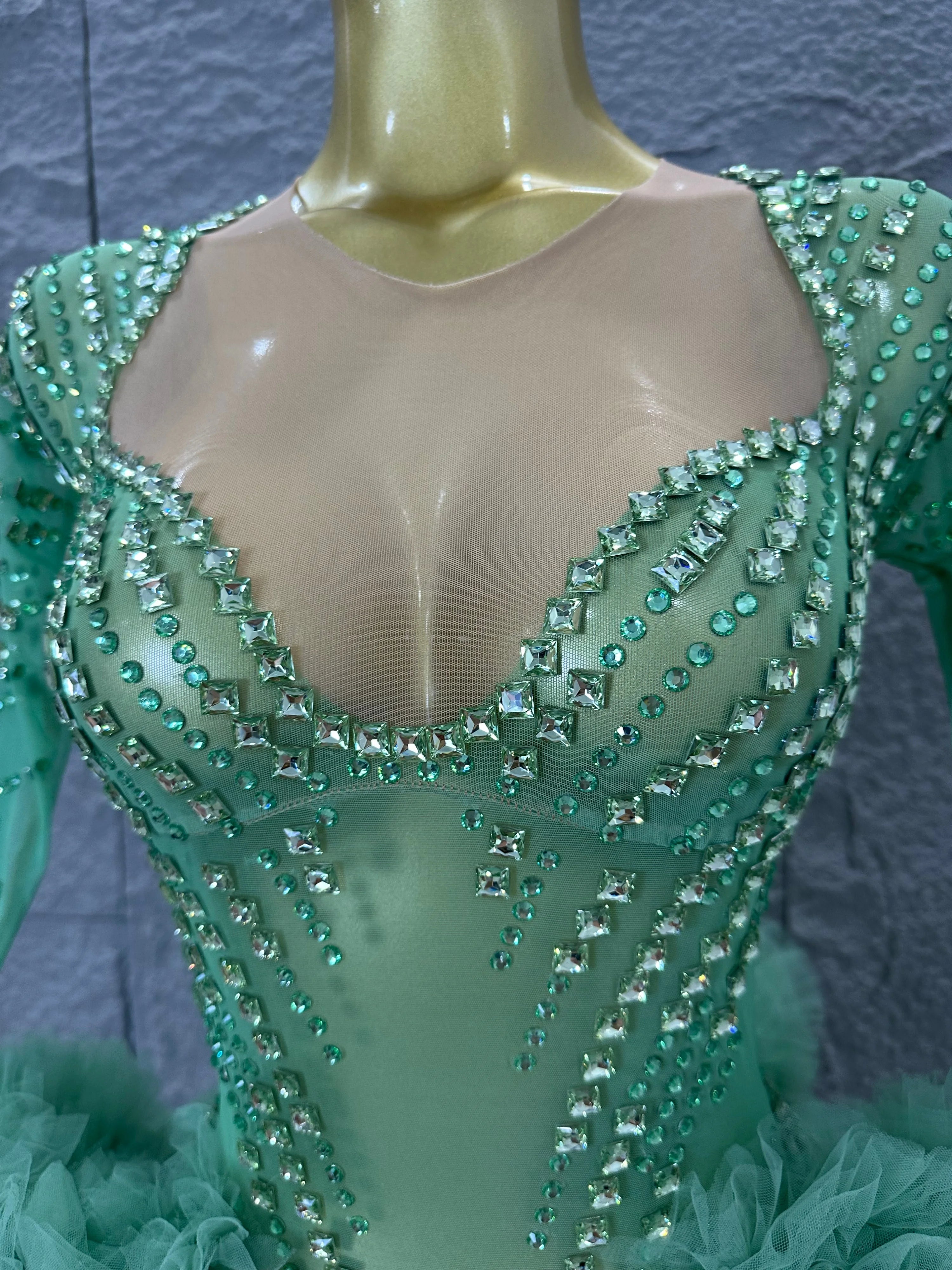 Sparkly Green Long Sleeve Bodysuit Women Stage Performance Sheer Mesh Rhinestone Embellished Ruffle Tulle Latin Dance Costume