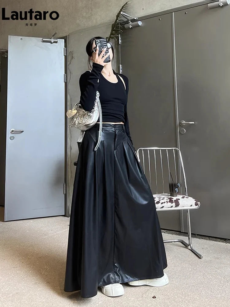Spring Autumn Luxury Long Pleated Black Soft Pu Leather Maxi Skirt Women High Elastic Waist Korean Style Clothes 2023