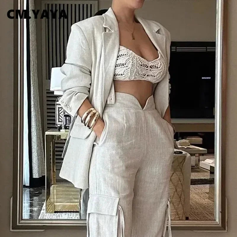 Fashion Women's Set Long Sleeve Blazer Suit and Wide Leg Cargo Pants 2023 OL Workout Two 2 Piece Sets Outfit Tracksuit